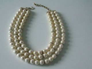 Vintage 3 Strand Heavy Faux Pearl & Gold Plated Clasp Necklace Marked Fm