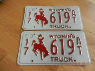 Wyoming License Plates Front And Back Pair Truck With Cowboy From 1988 619