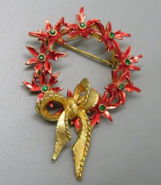Vintage Jewelry Signed Mylu Christmas Poinsettia Wreath Brooch Pin Rhinestone O