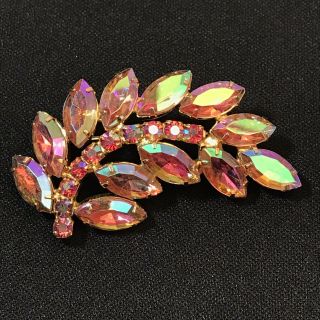 Vintage Gold Tone Pink Ab Rhinestone Leaf Brooch Pin Aurora D