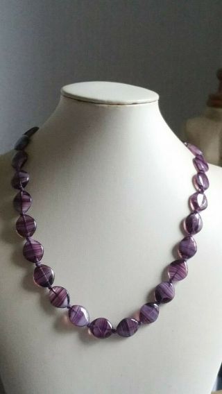 Czech Vintage Art Deco Swirled Purple Hand Knotted Glass Bead Necklace 2