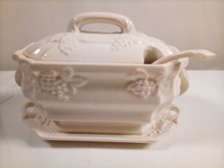 Vintage Gravy Boat With Grape Cluster Design With Ladle And Attached Saucer