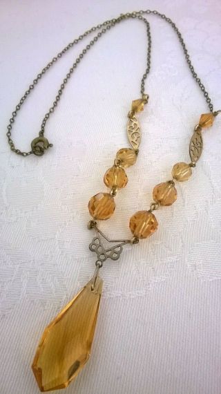 Vintage Jewellery Art Nouveau Style Citrine Colour Czech Glass Dainty Necklace