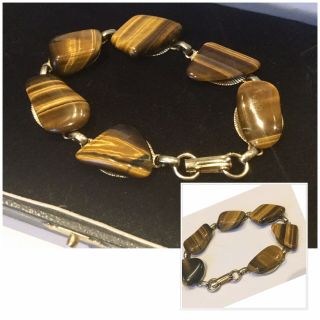Vintage Costume Jewellery Gold Tone Tigers Eye Stone Link Bracelet