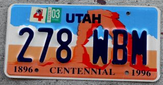 Utah Centennial License Plate Featuring Arches National Park With A 2003 Sticker