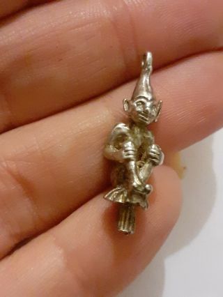 (a) Vintage Sterling Silver Pixie / Gnome On Mushroom Charm