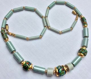 Vintage Green/grey Lucite/green Glass With Lampwork 1950’s/60’s Beaded Necklace