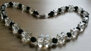 Czech Vintage Art Deco Clear And Black Faceted Glass Bead Necklace Box Clasp