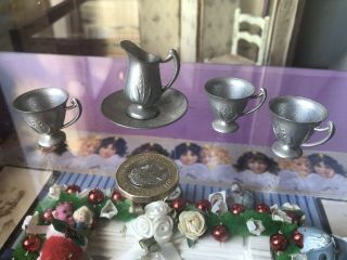 Vintage Dolls House Metal / Pewter Jug,  Tray & Goblets/cups.