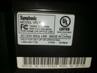 Symphonic VR - 701 4 Head Hi - Fi VCR Video Cassette Recorder VHS Tape Player 3
