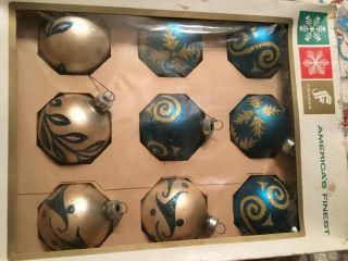 Vtg Box Of 9 Blue/silver Painted Mercury Glass Christmas Tree Ornaments Franke