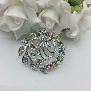 Vintage Jewellery Multicoloured Crystal Rhinestone Silver Tone Floral Brooch Pin