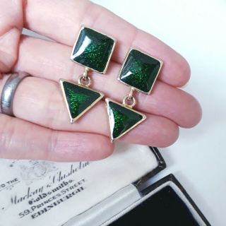 Vintage Art Deco Revival Geometric Glossy Green Enamel Drop Dangle Earrings