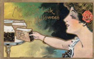 Vintage Embossed Halloween Postcard Tr Co Woman Reaching For Chocolate Cake
