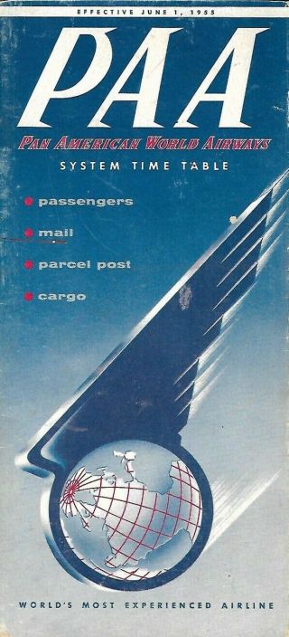 1955 Pan American World Airways 7 Timetable System Map Passengers Cargo