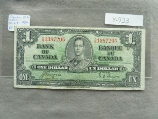 Vintage Canada Banknote 1937 1 Dollar Y933