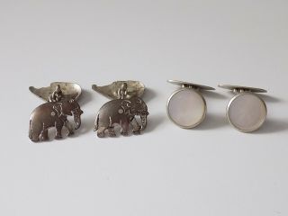 Two Pairs Of Vintage Silver Mother Of Pearl And Silver Plated Elephant Cufflinks