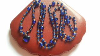 Czech Vintage Art Deco Long Royal Blue Glass Bead Heart Pendant Necklace