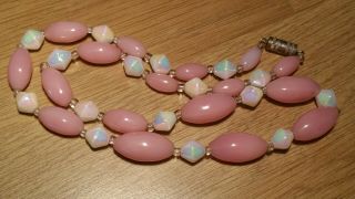 Czech Vintage Pink And Iridescent White Glass Bead Necklace