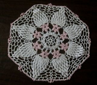 Vintage Pink Flower And White Crochet Doily 12 Inches Diameter