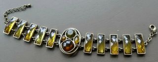 Vintage Amber Rhinestone Open Set Gold Tone Panel Chain Bracelet - R386