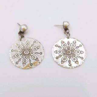 Vintage Solid 925 Sterling Silver Geometric Patterns Round Dangling Earrings
