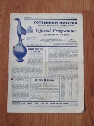 Tottenham Hotspur V Arsenal Football Programme 1953 - 54 - Vintage - Division 1