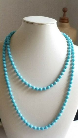 Czech Vintage Long Hand Knotted Aqua Glass Bead Necklace