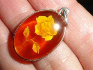 Unusual Vintage Silver Amber Coloured Lucite Rose Pendant Very Pretty