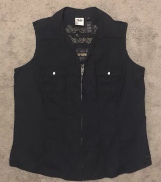 Harley Davidson Womens Size 1w Cotton Blend Black Embroidered Vest With Pockets