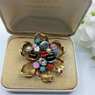 Vintage Jewellery Glass Faux Pearl & Rhinestone Gold Tone Flower Brooch Pin