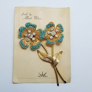 Vintage Jewels By Albert Weiss Large Gold Tone Rhinestone Flower Brooch Pin