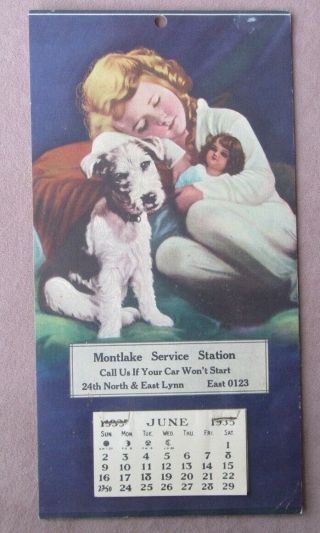 Vintage 1935 Calendar Montlake Gas Service Station Lynn Seattle Wa Auto Dog Doll