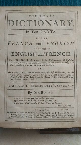 The Royal Dictionary,  In Two Parts,  By Boyer,  Unabridged,  1699
