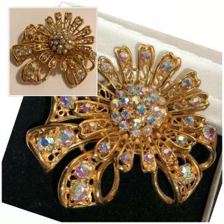 Vintage Jewellery Stunning Gold Tone & Aurora Borealis Costume Dress Brooch