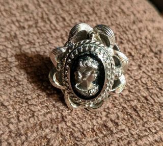Vintage Whiting & Davis Sterling Silver Plated Black Glass Cameo Ring