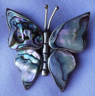 Vintage Alpaca Mexican Silver Abalone Shell Butterfly Brooch