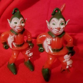 2 Vintage Hard Plastic Christmas Elf Pixie Ornament Decoration 1940s 1950s