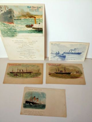 1908 Fourth Of July Red Star Line Dinner Menu / White Star Line Post Card &.
