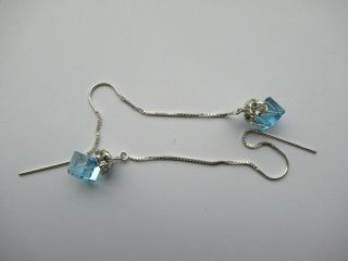 Vintage 925 Sterling Silver And Blue Glass And White Stones Drop Earrings