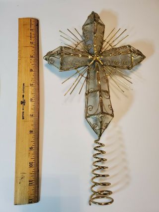 Vintage 12 Inch Tall Gold Cross Tree Topper With Faux Frosted Glass