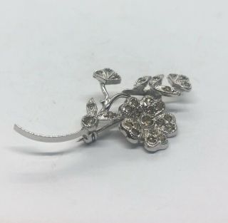 Vintage Sterling Silver Brooch Pin 925 Signed Wells Rhinestone Leaf Flower