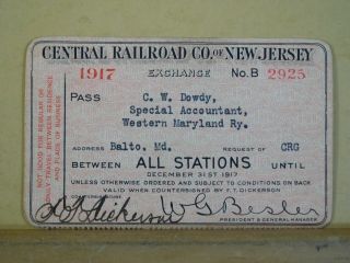 Pass Central Railroad Co.  Of Jersey Annual Employee Pass 1917 B2925