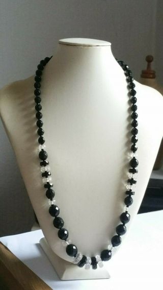 Czech Vintage Longer Clear And Black Faceted Glass Bead Necklace