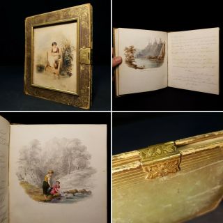 1860/70 Commonplace Manuscript Hand Written Book Poetry Paintings Clasp Binding