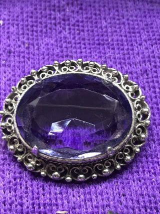 Vintage Purple Stone Brooch Set In Silver Metal In Gift Box