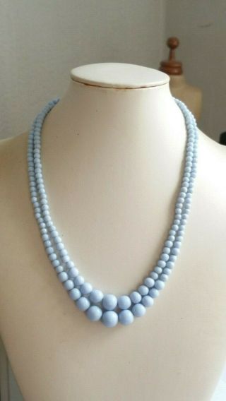 Czech Vintage Art Deco 2 Rows Round Blue Graduated Glass Bead Necklace