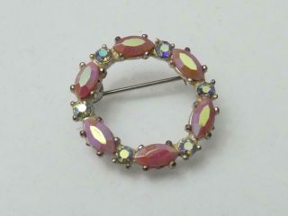 Vintage Small Silvertone Oval Pink & Blue Aurora Borealis Glass Circular Brooch