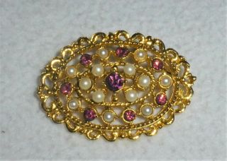 Vintage Gold Color Purple Gems & Faux Pearls Lapel Dress Pin Brooch By Exquisite