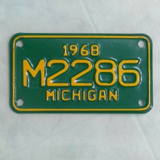 Vintage Michigan Motorcycle License Plate 1968 Yellow On Green M2286